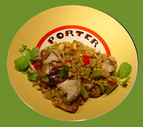 Porter Scallion Dressing glazes malty mushrooms and barley in a salad - Photo by Lucy Saunders